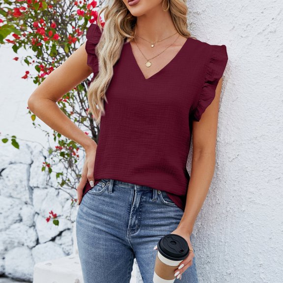 Women's Casual, Fashionable And Versatile V-neck Pullover Ruffled Sleeveless Solid Color T-shirt