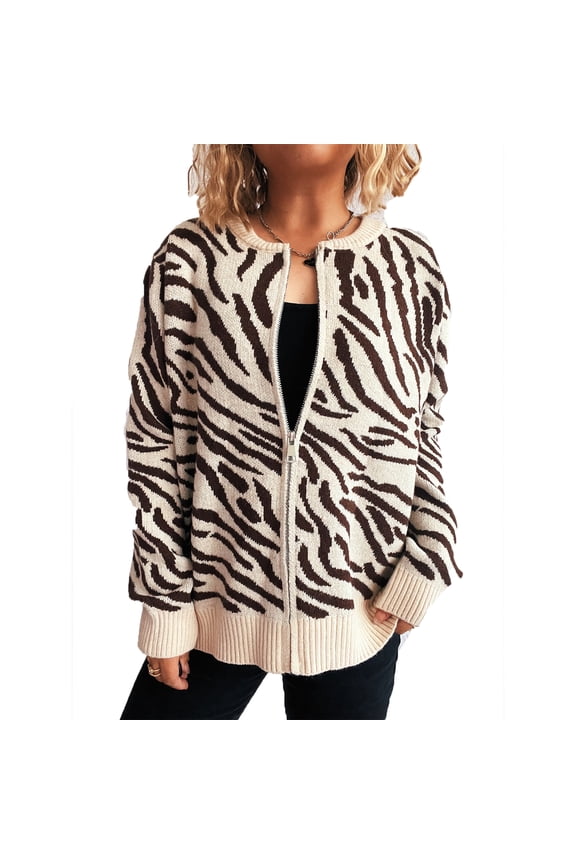 Women's Casual Fashionable Color Block Print Crw Neck Knit Cardigan Sweater with Zebra Print for Women's Casual Fashion and Apparel,Beige,M