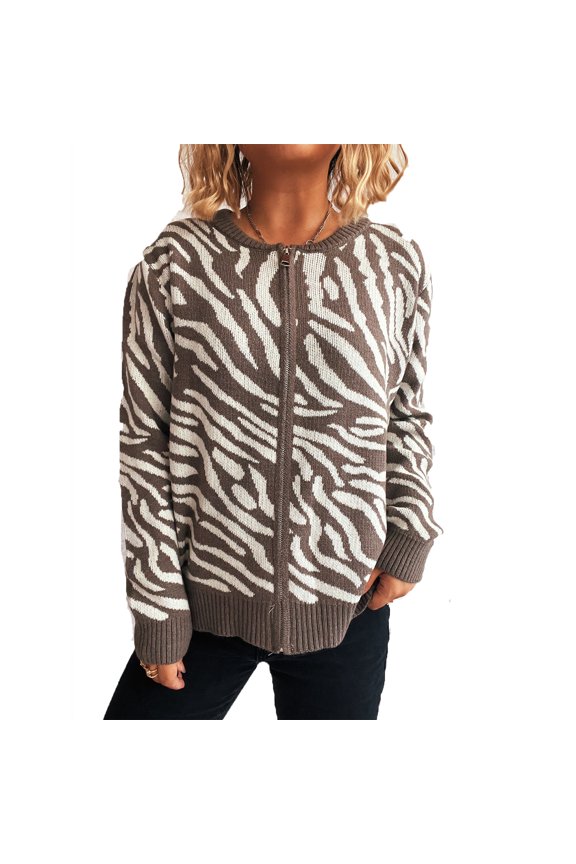 Women's Casual Fashionable Color Block Print Crw Neck Knit Cardigan Sweater with Zebra Print for Women's Casual Fashion and Apparel,Gray,L
