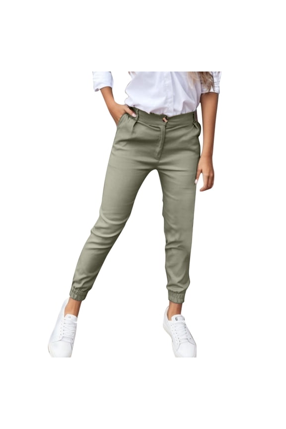 Women's Casual Fitness Pants High Waist Cropped Workout Leggings with Pockets and Button Detail