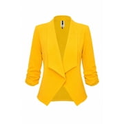 Womens Casual Fitted Blazer Draped Open Front with Ruched 3/4 Sleeves S-3XL