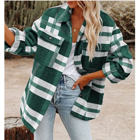Women's Casual Flannel Plaid Shacket Button Down Long Sleeve Shirt Jacket Coats with Pockets