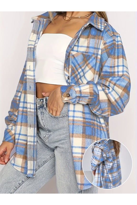 Women's Casual Flannel Plaid Shacket Button Down Long Sleeve Shirt Jacket Coats with Pockets
