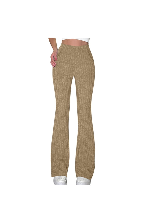 Women's Casual Flare Pants Ribbed Knit High Waist Lounge Pants Loose Comfy Bell Bottom Trousers Fall Leggings with Pockets