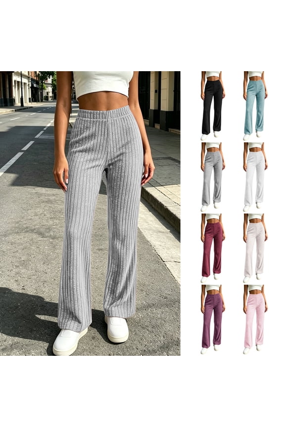 Women's Casual Flare Pants Ribbed Knit High Waist Trousers, Mid Elastic Waist, Comfy Stretchy Bottom, Solid Color Loose Fit, for Office Business Work Daily Wear, Long | VerBelle,Black XL