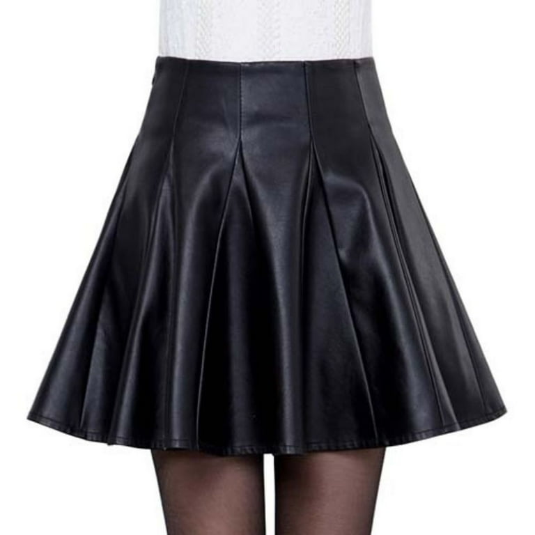 Women's Casual Flare Pleated PU Leather Mini Skater Skirts Black