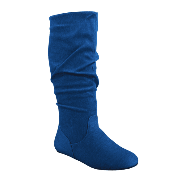 Women's Casual Flat Heel Pull Up Slip On Wide Calf Knee High Mid-Calf Boots Shoes ( Denim Blue, 6.5)
