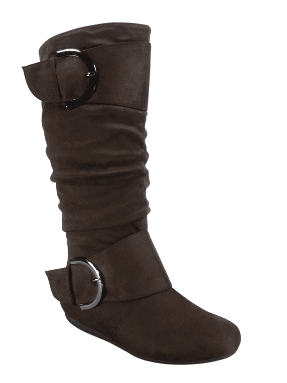 Women's Casual Flat Heel Side Zip Wide Calf Knee High Mid-Calf Boots Shoes ( Brown, 11)