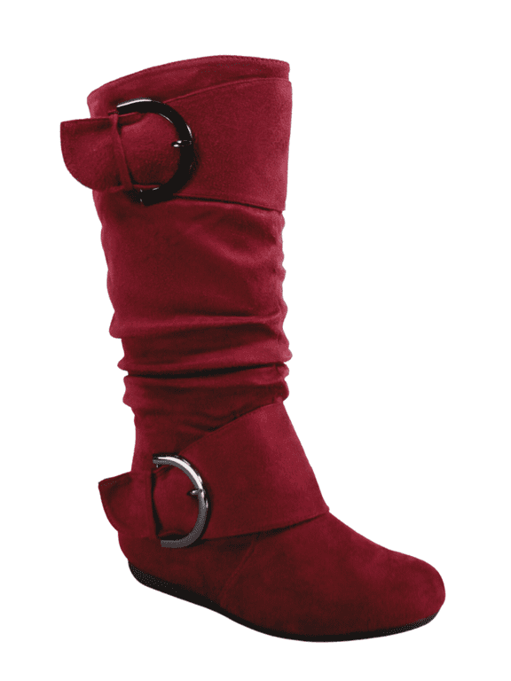Women's Casual Flat Heel Side Zip Wide Calf Knee High Mid-Calf Boots Shoes ( Burgundy, 5)