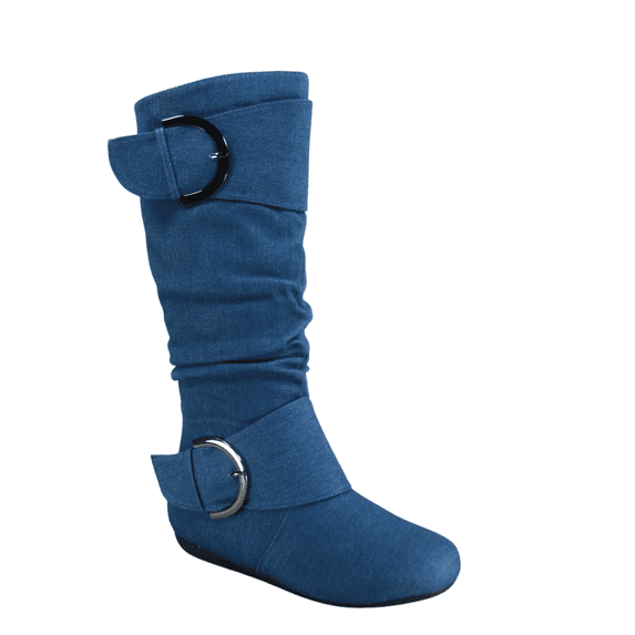 Women's Casual Flat Heel Side Zip Wide Calf Knee High Mid-Calf Boots Shoes ( Denim Blue, 5)