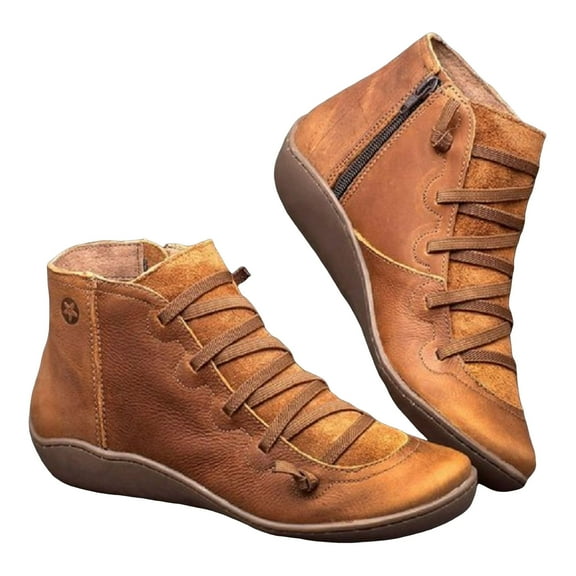 Women's Casual Flat Leather Retro Lace Up Boots Side Zipper Round Toe Shoe Boots