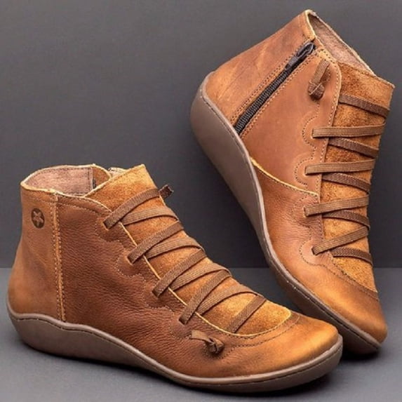 Women's Casual Flat Leather Retro Lace Up Boots Side Zipper Round Toe Shoe Boots