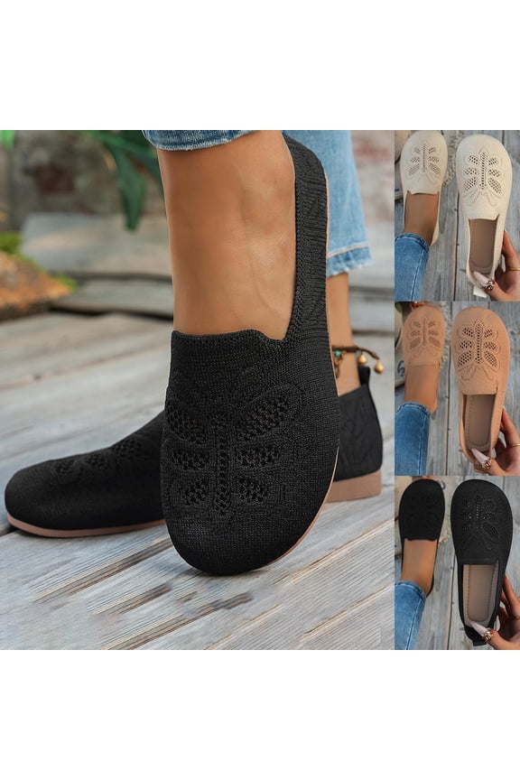 Women's Casual Flat Loafers, Breathable Knit Slip-On Shoes, Comfortable Round Toe Mules for Daily Wear, Work, Walking - Black/Beige/White
