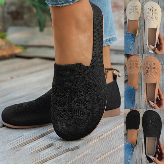 Women's Casual Flat Loafers, Breathable Knit Slip-On Shoes, Comfortable Round Toe Mules for Daily Wear, Work, Walking - Black/Beige/White