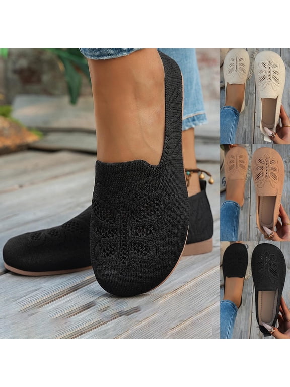 Women's Casual Flat Loafers, Breathable Knit Slip-On Shoes, Comfortable Round Toe Mules for Daily Wear, Work, Walking - Black/Beige/White
