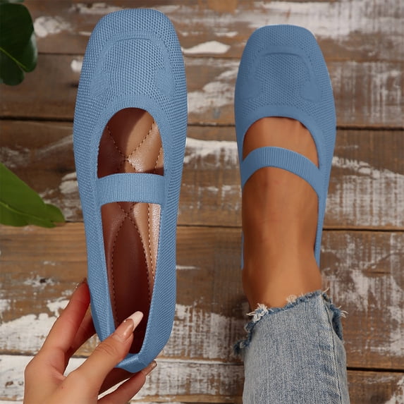 Women's Casual Flat Shoes - Breathable Knitted Slip-On Loafers With Square Toe, Versatile For Spring & Summer Beach Outings Light Blue