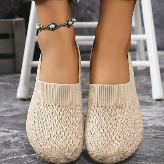 Women's Casual Flats Shoes Plus Size Shallow Breathable Flying Mesh Woven Shoes Womens Fashion Square Toe Color Matching Walking Shoes