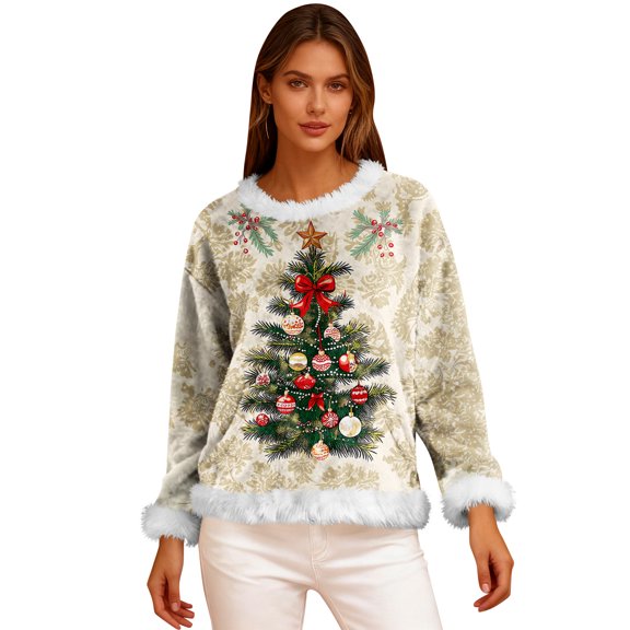 Women's Casual Fleece Flannel Sweatshirt with Long Sleeve Round Neck, Comfortable Loose-Fit Lightweight, Christmas Tree Print for Festive Wear,Watermelon Red,S