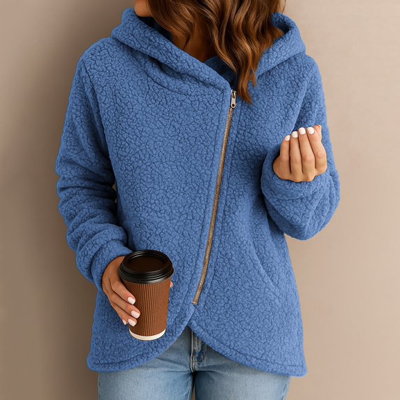 Women's Casual Fleece Jacket, Asymmetrical Zipper Hooded Coat, Lightweight Long Sleeve Outerwear, Spring Fall Transitional Jacket, Loose Fit Fashion Coat, Cozy Sherpa Jacket Blue L