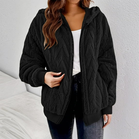 Women's Casual Fleece Jacket, Full Zip Fuzzy Hooded Jacket, Soft Plush Outerwear, Oversized Winter Coat, Long Sleeve Casual Coat, Warm Loungewear, Pocket Detail Jacket Black M