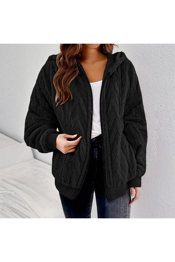 Women's Casual Fleece Jacket, Full Zip Fuzzy Hooded Jacket, Soft Plush Outerwear, Oversized Winter Coat, Long Sleeve Casual Coat, Warm Loungewear, Pocket Detail Jacket Black M