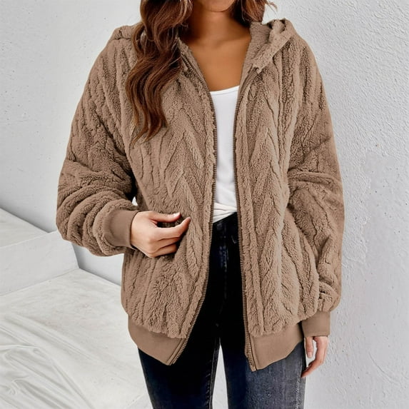 Women's Casual Fleece Jacket, Full Zip Fuzzy Hooded Jacket, Soft Plush Outerwear, Oversized Winter Coat, Long Sleeve Casual Coat, Warm Loungewear, Pocket Detail Jacket Khaki XXL