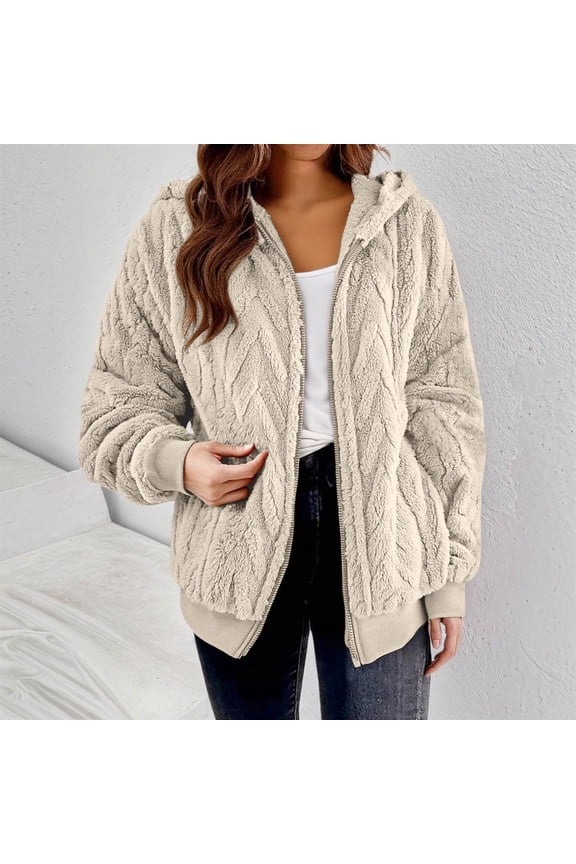 Women's Casual Fleece Jacket, Full Zip Fuzzy Hooded Jacket, Soft Plush Outerwear, Oversized Winter Coat, Long Sleeve Casual Coat, Warm Loungewear, Pocket Detail Jacket Beige L