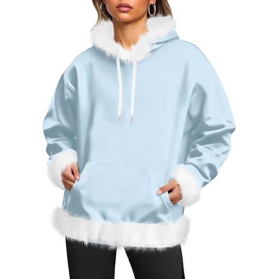 Women's Casual Fleece-Lined Hoodie with Long Sleeves Solid Color Pockets Sweatshirt Top for Warmth and Comfort in Cold Weather and Outdoor Activities,Light Blue,S