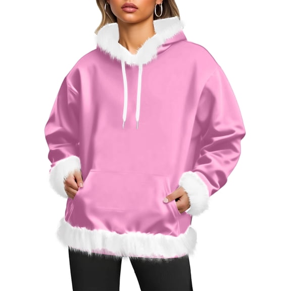 Women's Casual Fleece-Lined Hoodie with Long Sleeves Solid Color Pockets Sweatshirt Top for Warmth and Comfort in Cold Weather and Outdoor Activities,Pink,S