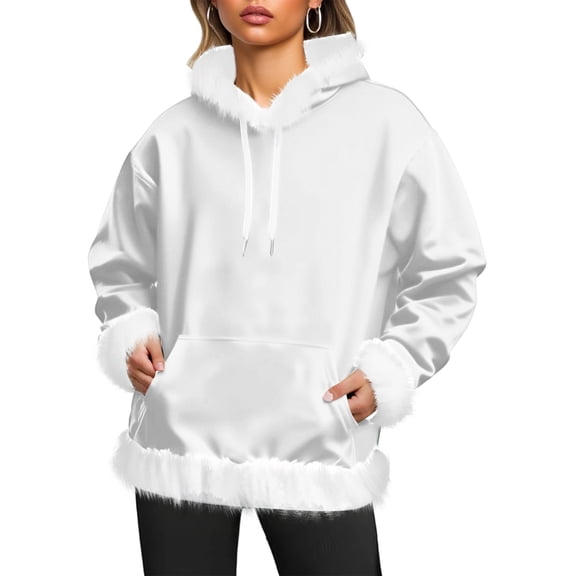 Women's Casual Fleece-Lined Hoodie with Long Sleeves Solid Color Pockets Sweatshirt Top for Warmth and Comfort in Cold Weather and Outdoor Activities,White,S