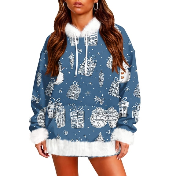 Women's Casual Fleece Lined Hoodie Long Sleeves With Pockets Christmas Print Sweatshirt