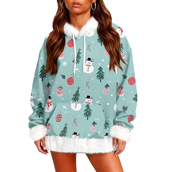 Women's Casual Fleece Lined Hoodie Long Sleeves With Pockets Christmas Print Sweatshirt