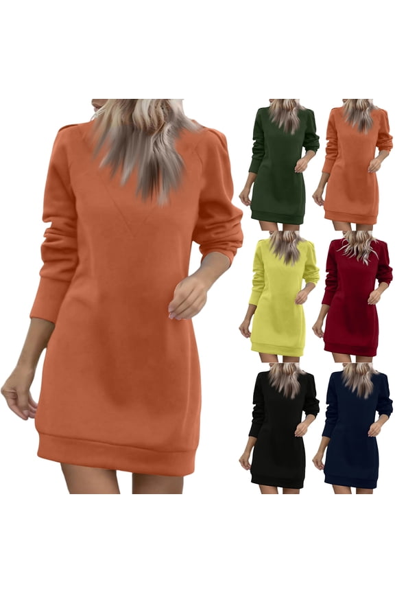 Women's Casual Fleece Lined Round Neck Long Sleeve Solid Color Dress for Winter Warmth and Daily Wear,Navy,M