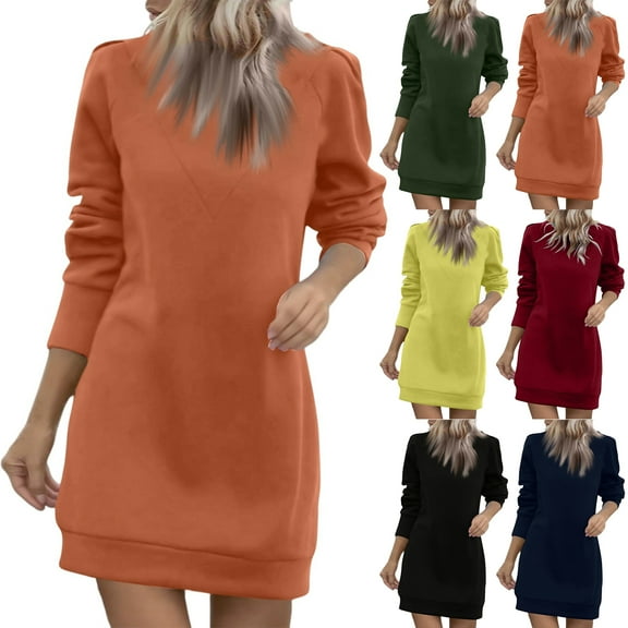 Women's Casual Fleece Lined Round Neck Long Sleeve Solid Color Dress for Winter Warmth and Daily Wear,Yellow,M