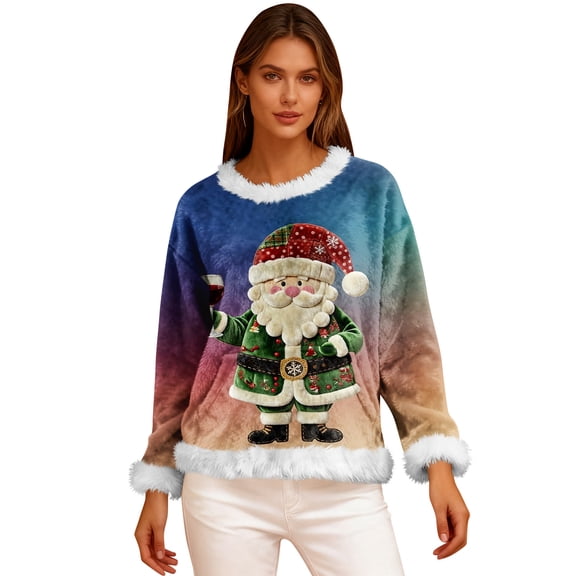 Women's Casual Fleece Sweatshirt Long Sleeve Round Neck Casual Comfortable Loose-Fit Lightweight Flannel Sweatshirt with Christmas Print for Winter Season,Army Green,S