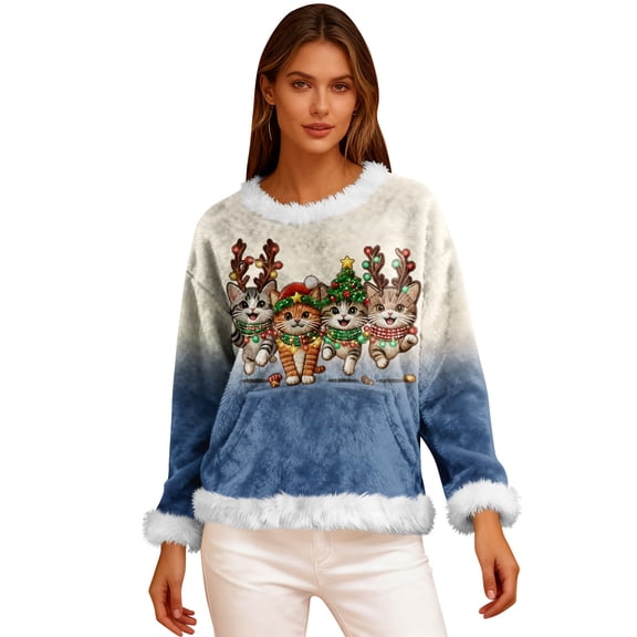 Women's Casual Fleece Sweatshirt Long Sleeve Round Neck Casual Comfortable Loose-Fit Lightweight Flannel Sweatshirt with Christmas Print for Winter Season,Army Green,M