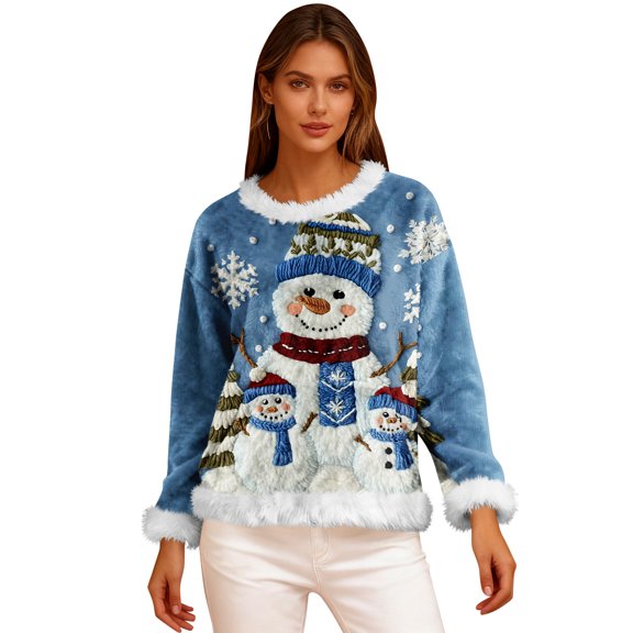 Women's Casual Fleece Sweatshirt Long Sleeve Round Neck Casual Comfortable Loose-Fit Lightweight Flannel Sweatshirt with Christmas Print for Winter Season,Blue,S