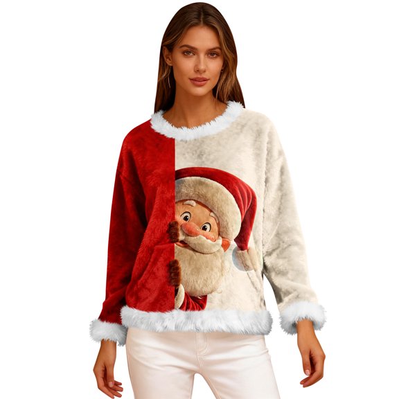 Women's Casual Fleece Sweatshirt Long Sleeve Round Neck Casual Comfortable Loose-Fit Lightweight Flannel Sweatshirt with Christmas Print for Winter Season,Red,S