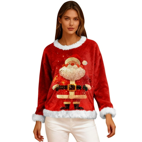 Women's Casual Fleece Sweatshirt Long Sleeve Round Neck Casual Comfortable Loose-Fit Lightweight Flannel Sweatshirt with Christmas Print for Winter Season,Red,S