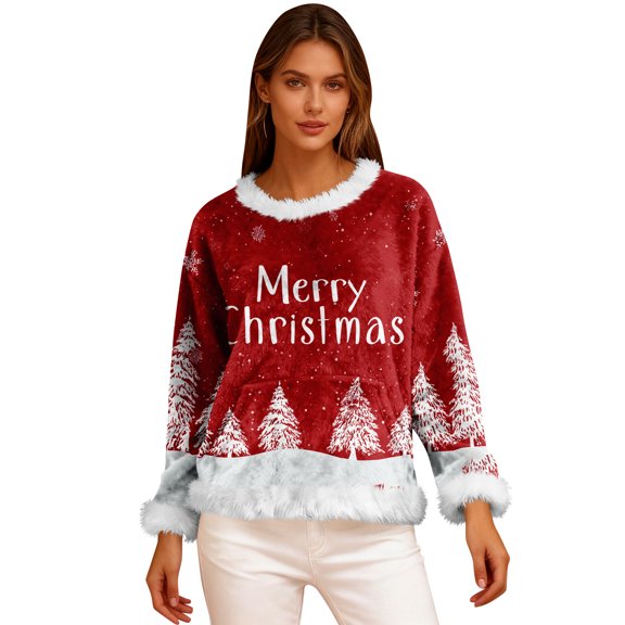 Women's Casual Fleece Sweatshirt Long Sleeve Round Neck Casual Comfortable Loose-Fit Lightweight Flannel Sweatshirt with Christmas Print for Winter Season,Vermilion,S