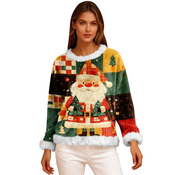 Women's Casual Fleece Sweatshirt Long Sleeve Round Neck Casual Comfortable Loose-Fit Lightweight Flannel Sweatshirt with Christmas Print for Winter Season,Yellow,S