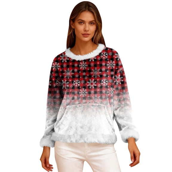 Women's Casual Fleece Sweatshirt Long-Sleeve Round Neck Casual Comfortable Loose-Fit Lightweight Women's Flannel Sweatshirt, Christmas Print Festive Wear,Watermelon Red,M