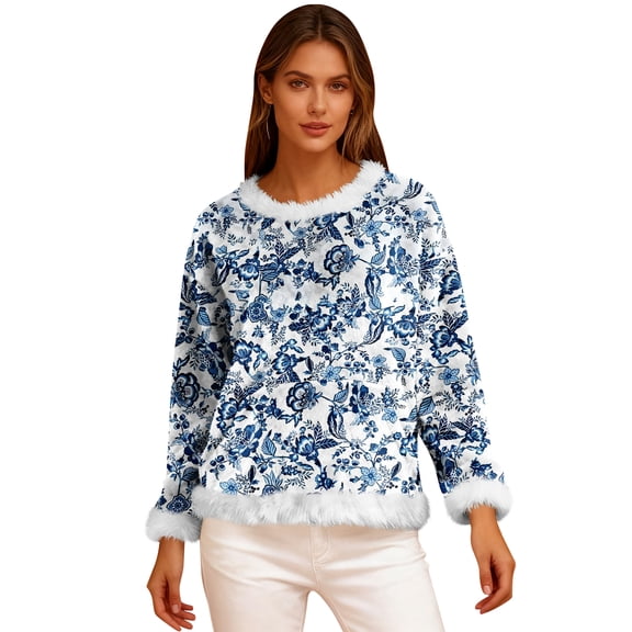 Women's Casual Fleece Sweatshirt Long Sleeve Round Neck Comfortable Loose Fit Lightweight Floral Print Flannel Sweatshirt,Blue,S