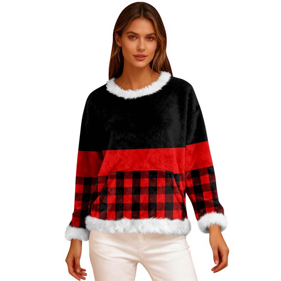 Women's Casual Fleece Sweatshirt Long Sleeve Round Neck Comfortable Loose Fit Lightweight Geometric Print Flannel Sweatshirt,Red,S