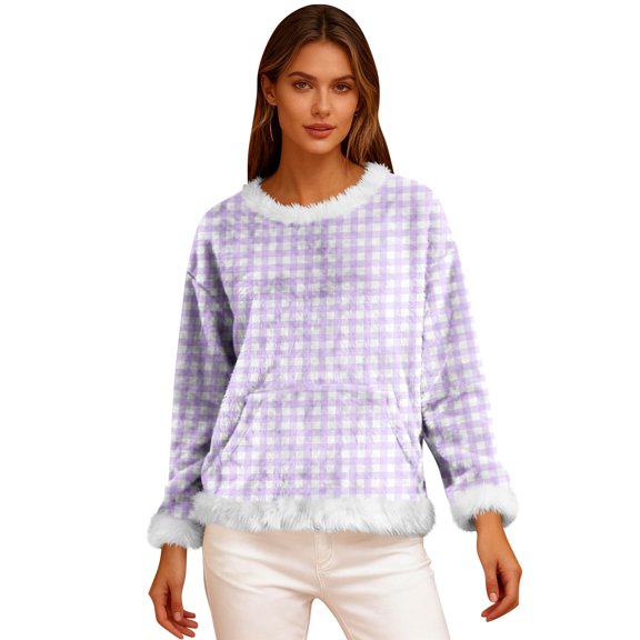 Women's Casual Fleece Sweatshirt Long Sleeve Round Neck Comfortable Loose Fit Lightweight Gradient Print Flannel Sweatshirt,White,M