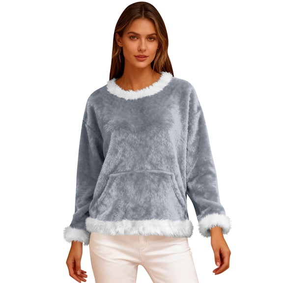 Women's Casual Fleece Sweatshirt Long Sleeve Round Neck Comfortable Loose Fit Lightweight Solid Color Flannel Sweatshirt,Gray,S