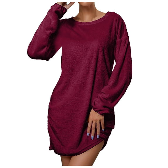 Women's Casual Fleece Tunic Tshirt Dress Sweatshirt Long Sleeve Mini Sweater Dresses-Relaxed Fit Crewneck Long Pullover