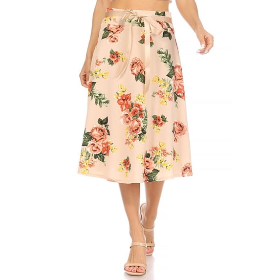 Women's Casual Floral A-line Printed High Waist Bow Tie Belted Knee Length Midi Skirt