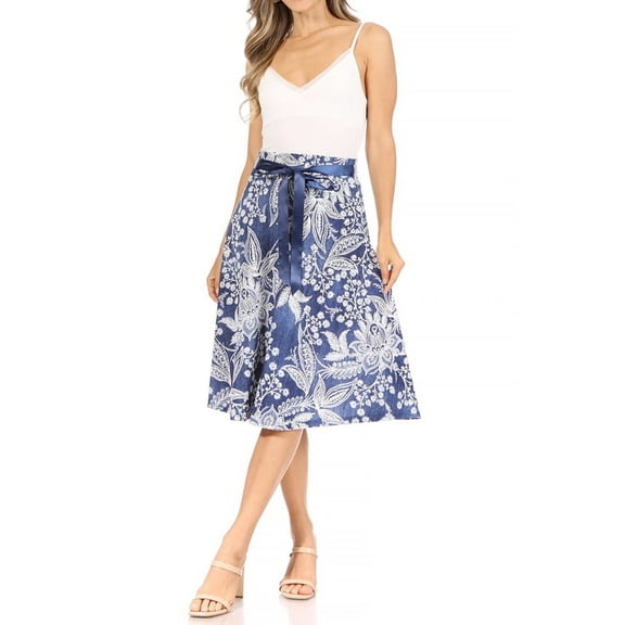 Women's Casual Floral A-line Printed High Waist Bow Tie Belted Knee Length Midi Skirt