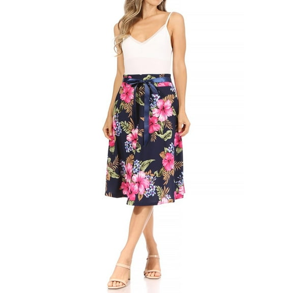 Women's Casual Floral A-line Printed High Waist Bow Tie Belted Knee Length Midi Skirt